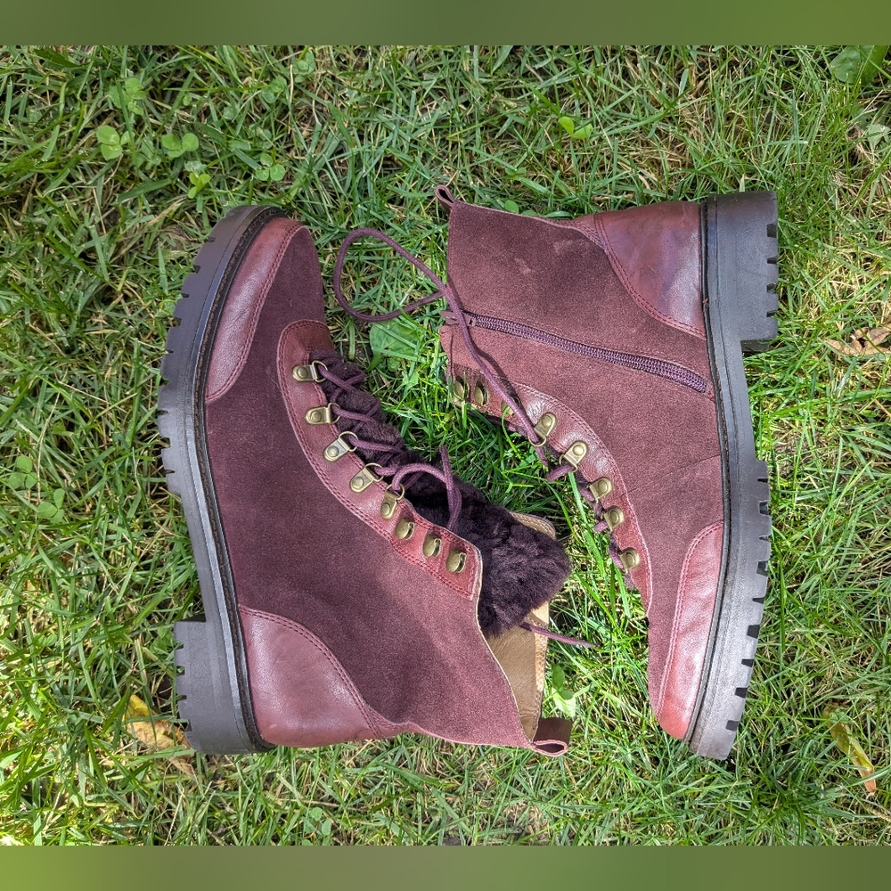 Lucky Brand Ilianna Raisin Leather Womens Ankle Boots Size 9.5 100% Wool